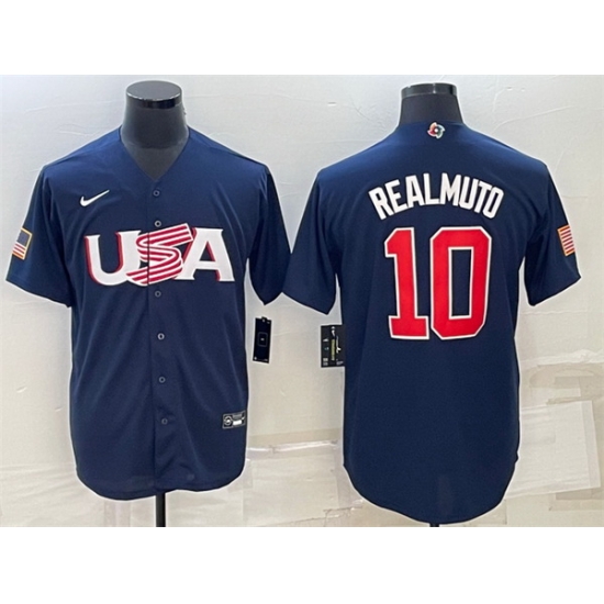 Men USA Baseball 10 J T  Realmuto 2023 Navy World Baseball Classic Replica Stitched Jersey